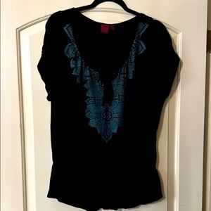 212 Collection Black and Turquoise Blue Flutter Sleeve Embellished Blouse L